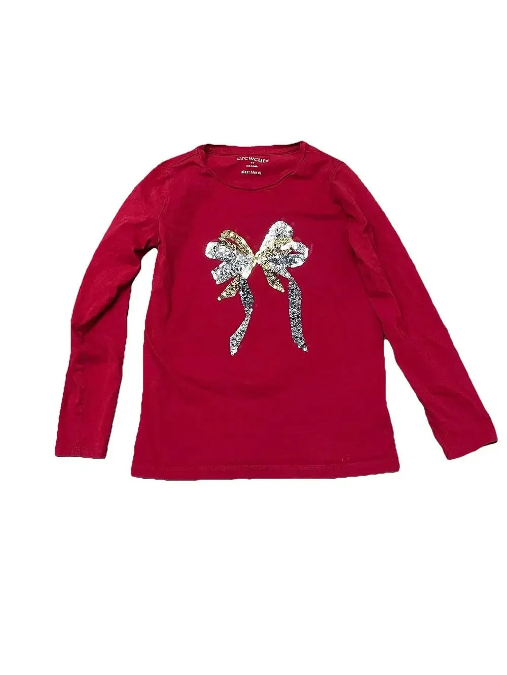 J.Crew Crewcuts Red Sequin Bow Long Sleeve Top Girls M 8-9 Holiday Shirt